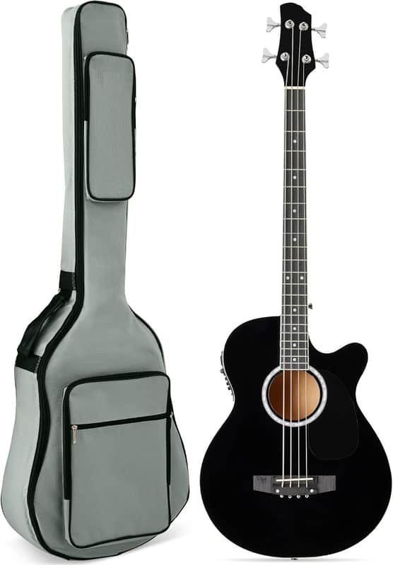 Acoustic Electric Bass Guitar, Full Size 4 String, Fretted Bass Guitar w/Padded Gig Bag - Black image 1