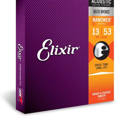 Elixir 80/20 Bronze Acoustic Guitar Strings NANOWEB Coating HD Light .013-.053 image 1