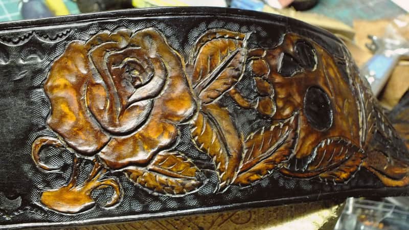 Well-Hung "The Gunfighter"  Hand-Carved / Tooled Leather Cowboy Grunge guitar strap, padded image 1