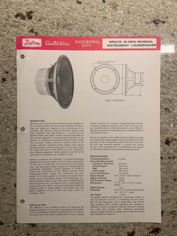 Vintage 1970s Kustom Electro Voice SRO/15 15 Inch Musical Instrument Speaker  Spec Sheet! image 1