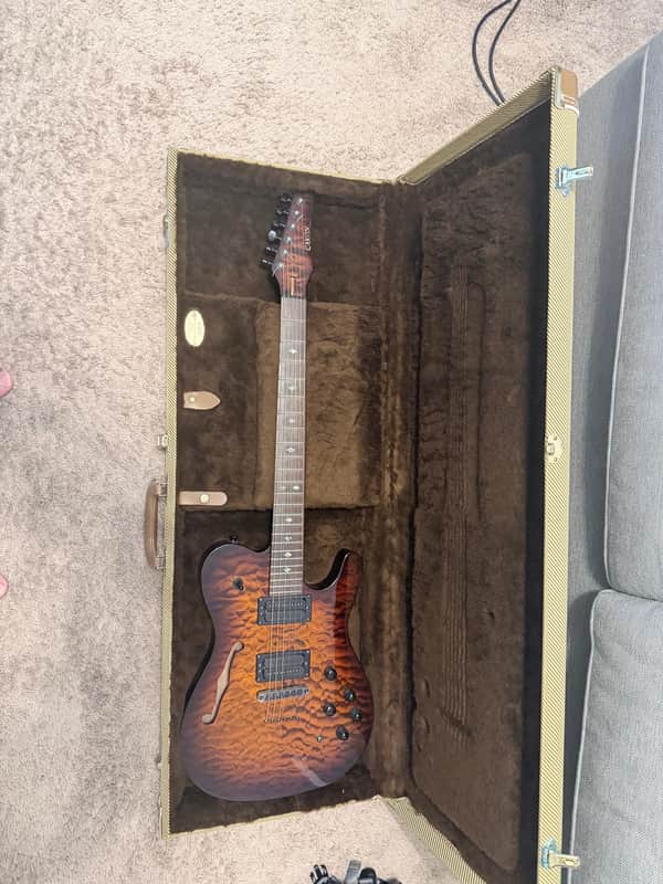 Carvin TL60 Neck-Thru Semi-Hollow Mint - Quilted Orange Burst - Walnut - Ghost Piezo MIDI Synth w/ Tweed Case (Plastic on Latches) & 13-Pin Cable Description: image 1