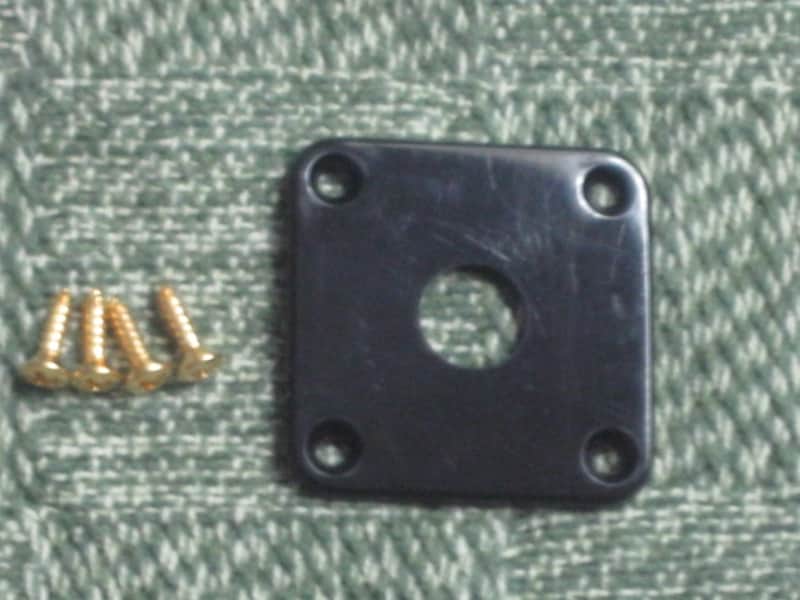 lightly used (lightly relic'd) genuine Gibson PRJP-010 Black Plastic Jack Plate for Les Paul + very clean gold screws (clean or used silver finish screws available upon request) [1990s - 2020s (specifically from 2008)] image 1