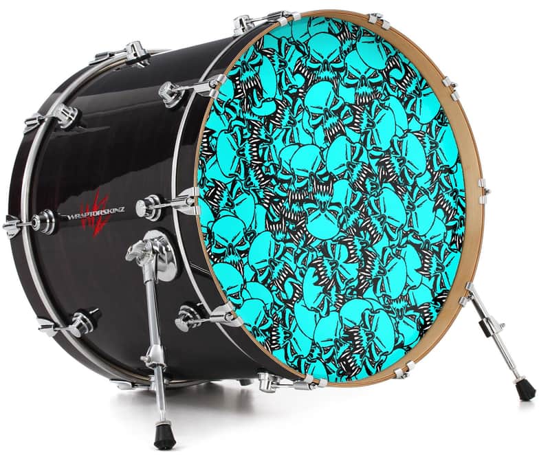 Skin Decal fits 26" Bass Kick Drums Scattered Skulls Neon Teal image 1