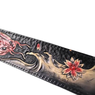 Walker & Williams KB-24 Skinny Black & Ruby Red Carved Grain Leather Strap w/Koi Design image 4