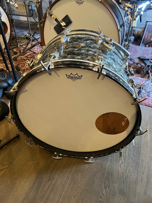 1950s WFL Ludwig Black Diamond Pearl 14x22 Vintage Bass Drum – Rail Mount – Original Spurs image 1