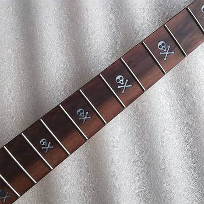 Left Handed Glossy Black Guitar Maple Wood Neck, 24 Frets Rosewood Fingerboard, Skullhead Inlay Stickers image 2