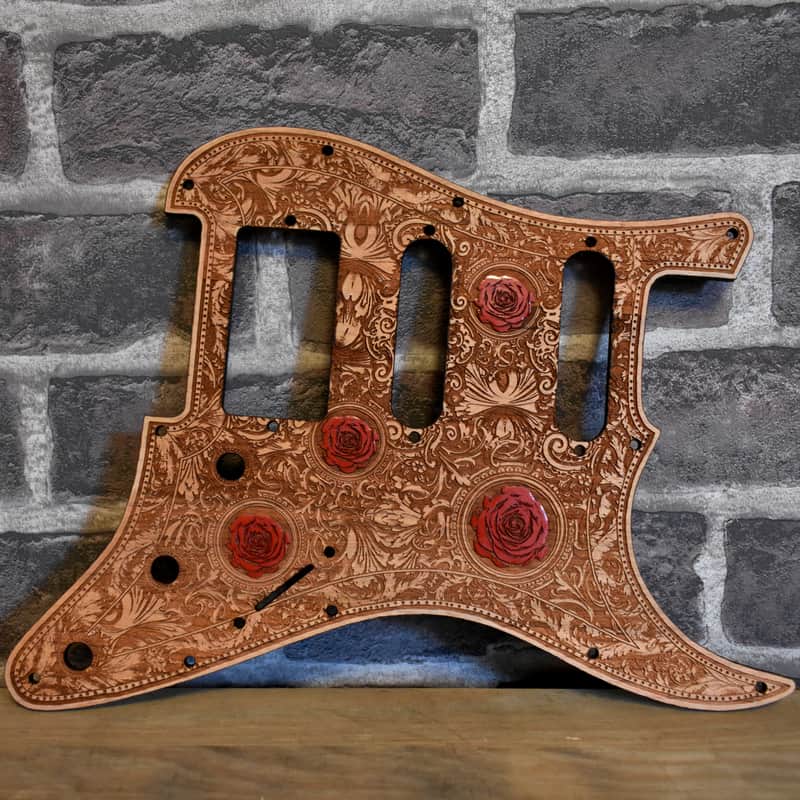Wood Pickguard for Stratocaster HSS and SSS Laser engraved Real Cherrywood with Unique Artwork image 1