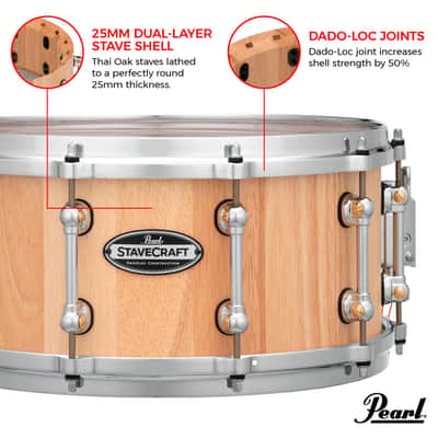 Pearl StaveCraft 14"x6.5" Maximum Volume Snare Drum with 20mm Thai Oak shell, Makha DadoLoc and MasterCast Die-Cast Hoops in Hand-Rubbed Natural Satin Finish image 3