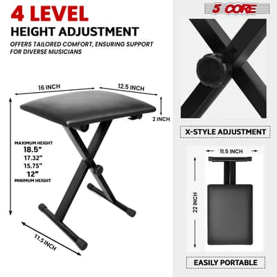5 Core Keyboard Bench 2 Inch Padded Cushioned Piano Stool Height Adjustable 19" Guitar Seat Portable image 4