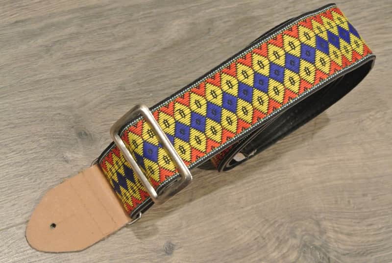 Vintage Ace Style Woven Strap- Metal Slide- Blue/Yellow Diamond Pattern image 1