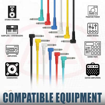 Right Angle to Right Angle 1/4" TS Guitar Patch Cables (3-Inch, 6-Pack) |Multi-Colored 1/4-Inch TS Mono Unbalanced Instrument Cords for Guitar Pedals, Effects, Patch Bays & Audio Gear image 2