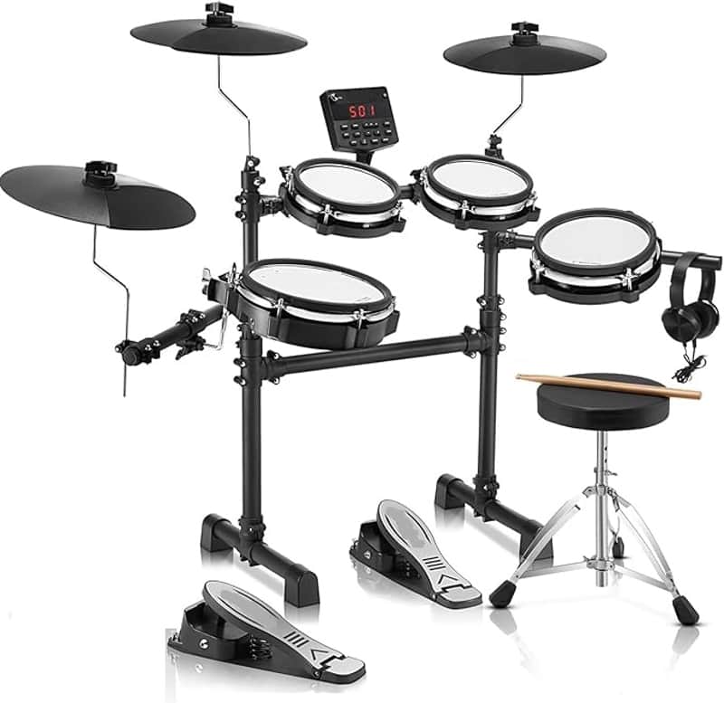 Electric Drum Set: Dual-Zone Quiet Mesh Drum Pads, 10’’ Dual-Trigger Cymbals, Height-Adjustable Rack, 360 Sounds, USB MIDI, Lesson Book, Throne, Sticks, Headphones image 1