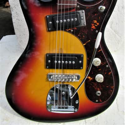 Rhythmline Mosrite Copy Guitar,  1960's  Japan, Sunburst, Case, Beautiful image 4
