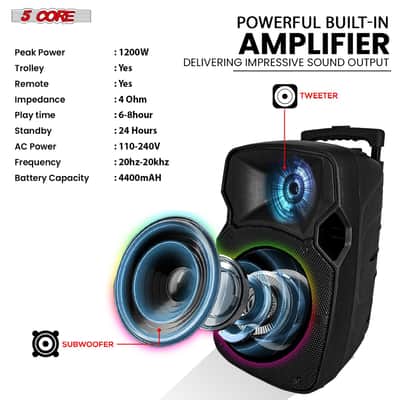5 Core Party Speaker w Microphone 400W Big Rechargeable Bluetooth Loud PA DJ Karaoke System w Stand-ACTIVE HOME 10 2-MIC image 3