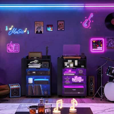 5-Tier Media Cabinet & Vinyl Record Storage Stand w/ RGB LED Lights, Glass Door, Power Outlets & Wheels – Black image 5