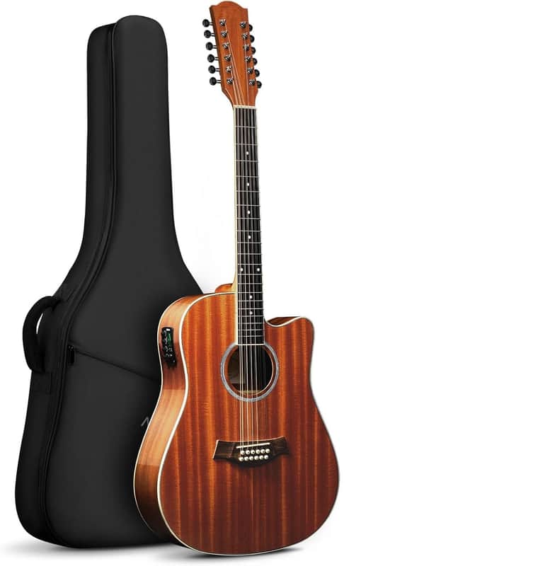 12 String Guitar Acoustic Electric, Upgraded Guitar 12 Strings Bundle for Beginner Intermediate Adults Teens, Sapele Body Bone Nut, Brown Glossy image 1