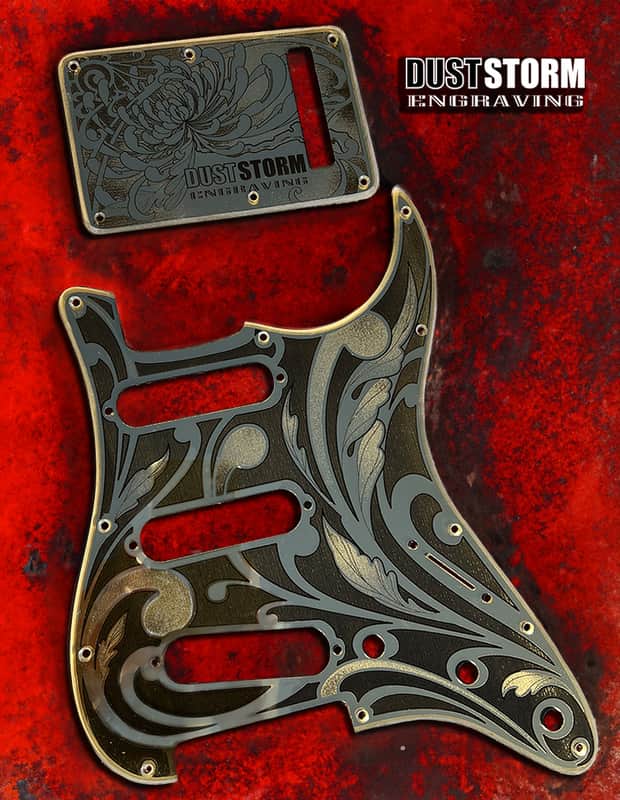 Engraved Pickguard & Free Tremolo Cover in Yellow Gold Acrylic Mirror Design #1 for Fender Stratocaster SSS, HSS, HSH Setups Available image 1