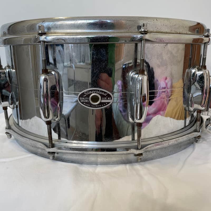 Slingerland Krupa Sound King 6.5" 10-Lug Chrome Over Brass Snare Drum with Zoomatic Strainer 1963 - 1977 - Chrome image 1