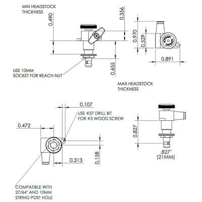 Hipshot 6-in-Line Mini LOCKING Tuners w/ SMALL Buttons LEFT-HANDED, SATIN CHROME image 3
