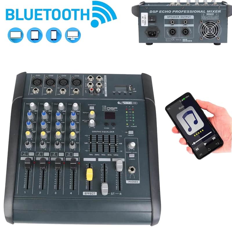 4-Channel Bluetooth Powered Audio Mixer – Digital Mixing Amplifier with USB/SD, 16 DSP Effects, 180W RMS image 1