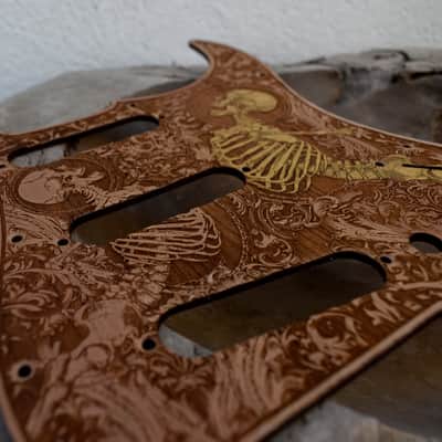 Hand-Painted Cherrywood Pickguard for Fender Stratocaster HSS/SSS – Laser-Engraved Unique 'Stumble' Design image 3