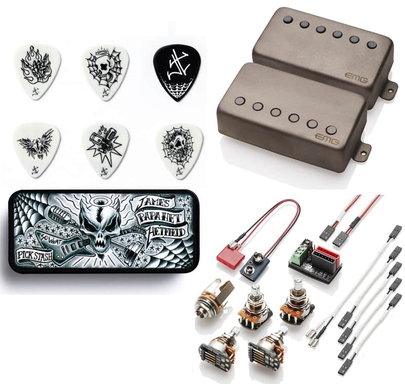 EMG F JH SET JAMES HETFIELD SANDBLASTED SET 52mm FLOYD ROSE SPACED SHORT SHAFT POTS & WIRING ( 6 JH MIXED PICKS & TIN ) image 1