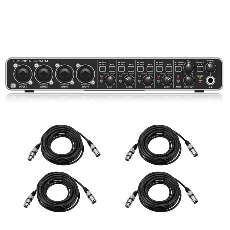 Behringer U-PHORIA UMC404HD USB Audio Interface, Audiophile 4x4, 24-Bit/192 kHz USB Audio/MIDI Interface with Midas Mic Preamplifiers  Bundle with 4x 25' XLR M to F Microphone Cables (5 Items) image 1