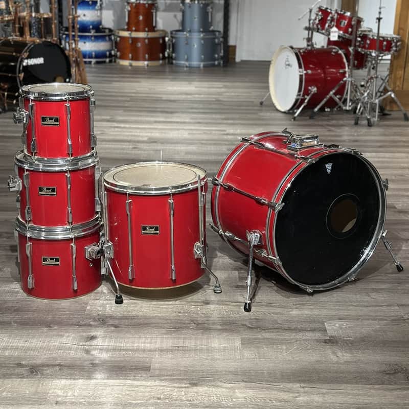 Used Vintage Pearl Export 5pc Drum Set Red Wrap - Fair image 1
