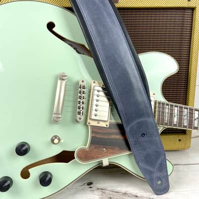 C-22-BLU Handmade 3" Wide Double Padded Premium Grain Leather Guitar Strap Washed Blue Denim Finish image 4