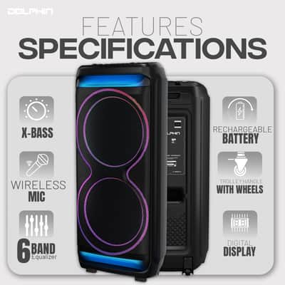 Powerful Dual 15” Bluetooth Party Speaker – 100W RMS, Deep Bass, DJ Ready, LED Lights, Wireless Mic, WaveSync, Trolley Style image 2