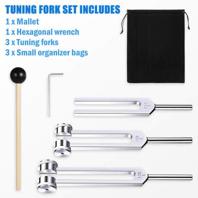 Tuning Fork Set (128Hz, 256Hz, 512Hz) Of 3, Weighted & Unweighted Aluminum Forks With Reflex Hammer And Storage Bag For Chakra/Healing/Medical/Sound Therapy Instruments/Yoga/Meditation Accessories image 2