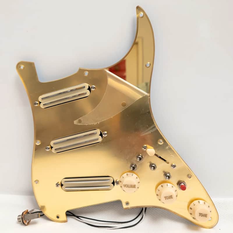 Gold Mirror Strat Style Guitat Loaded Prewired SSS Pickguard Set with Triple Rail Pickups image 1