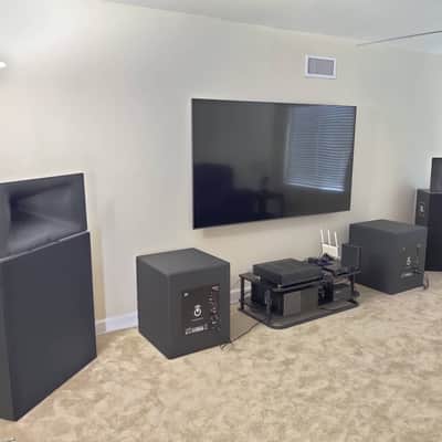 JBL 4722N Audiophile Speakers (Horn + dual 15” LFD) w/Custom Grilles + Wood Stands! image 7
