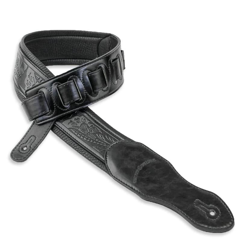 Walker and Williams G-118 Black on Black Padded Guitar Strap with Embossed Tooling image 1