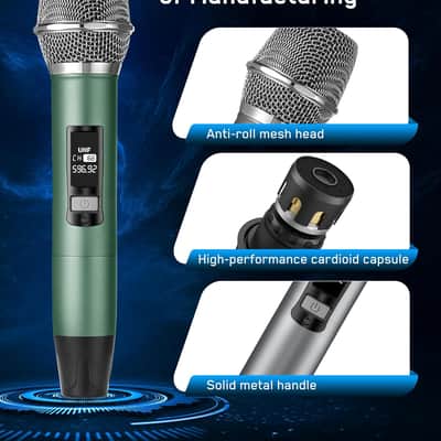 Rechargeable UHF Wireless Microphones, Two Metal Handheld Microphones with 1/4" Receiver, Plug-and-Play for Speaker & PA System, Karaoke Singsing, Lecture, Stage Performance (Green&Grey) image 2