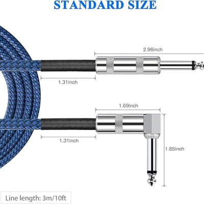 1/4 Inch Cable Guitar Cable 10 Ft Straight to Right Angle 1/4 Inch 6.35mm Plug Bass Keyboard Instrument Cable Blue and Black Tweed Cloth Jacket, Electric Mandolin, pro Audio image 4