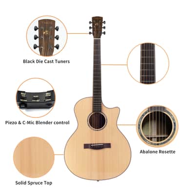 TARIO 41'' Electric Acoustic All Solid Guitar Solid Spruce Top Solid Ovangkol Back and Sides Mahogany Neck Undersaddle Piezo Pickup .High Gloss image 4