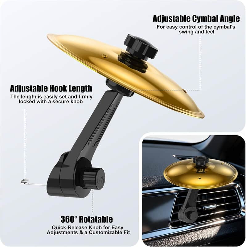 Car Cymbal Air Vent,Mini Drum Crash Cymbal Set With Mini Drum Stick & 2 Thumb Cymbals,Compact and Durable Car Accessory Compatible with Most Vehicles (Gold) image 1