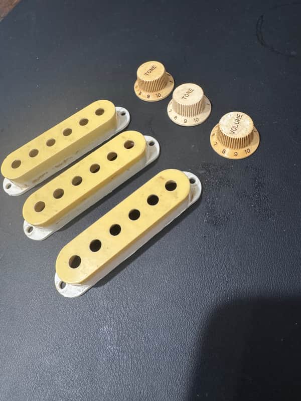 Vintage 1980's Fender Stratocaster Pickup Covers and knobs Fujigen Relic image 1