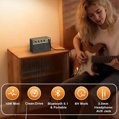 Mini Guitar Amp, 10W Electric Guitar Amplifier with Clean Drive Channel, 3.5mm Headphone/AUX Jack, 6H Work, USB-C Rechargeable Bluetooth Small Portable Amp for Indoor Practice Travel image 2