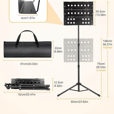 Music Stand, Foldable Sheet Music Stand with Tri-fold Panel & Carrying Bag, Height Adjustable up to 58.3" Metal Book Holder for Sitting/Standing, Professional Performance & Travel image 2