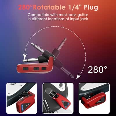 Wireless Guitar System Transmitter Receiver: UHF Cordless 164 Feet Range - 6 Channels USB-C Rechargeable Audio, 220° Rotatable Plug Design for Guitar Bass and Electric Instruments(Red) image 3