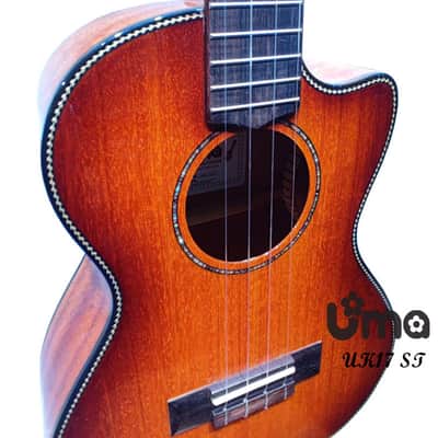 Uma Taiwan UK-17 ST Sunburst Solid mahogany Tenor ukulele with cutaway Gloss image 5