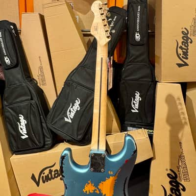 Vintage Guitars 30th Anniversary V6 Strat Overspray Relic  Super Flame Neck Lake Placid Gun Hill Blue image 14