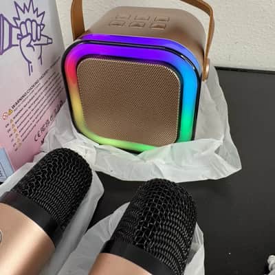Mini Karaoke Machine – Rose Gold Bluetooth Speaker with 2 Wireless Mics & Colorful Lights image 3