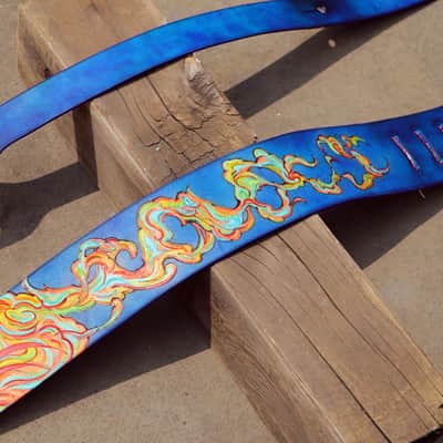 Burny Black handmade guitar strap leather - phoenix red/blue made to order - oil image 6
