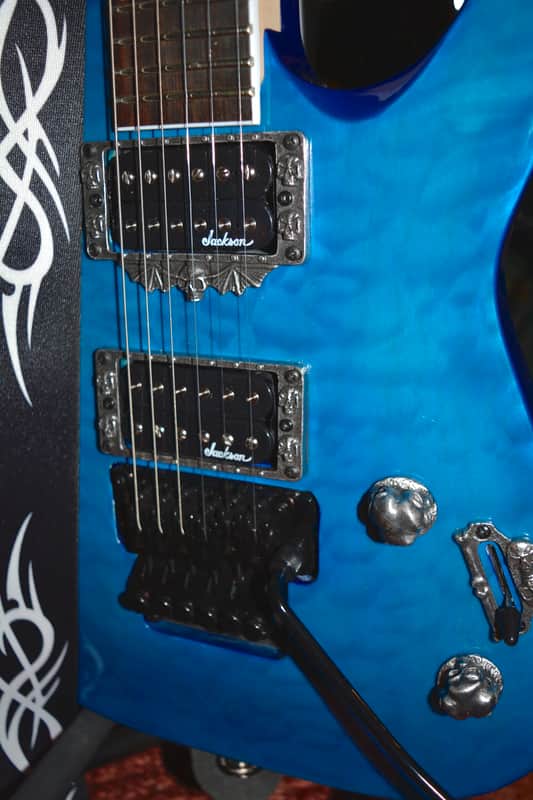 2000's Jackson JS Skulls Series Dinky JS32 DKA Archtop Guitar in Transparent Tiger Blue, w/ New Dunlop Straploks, New Skull Hardware, & Nice ABS Hardshell Case image 1