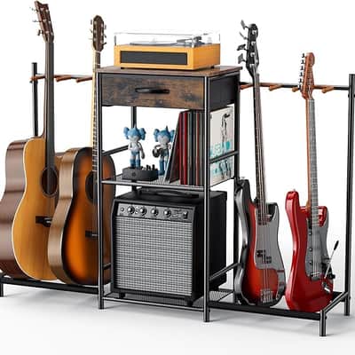 Guitar Stands Floor with 4 Guitar Holders, 3-Tier Guitar Stand Multiple Guitars, Guitar Rack with Amp Stand & Cloth Drawer, Multi Guitar Stand for Music Studio, Guitar Accessories gift for Music Lover image 1