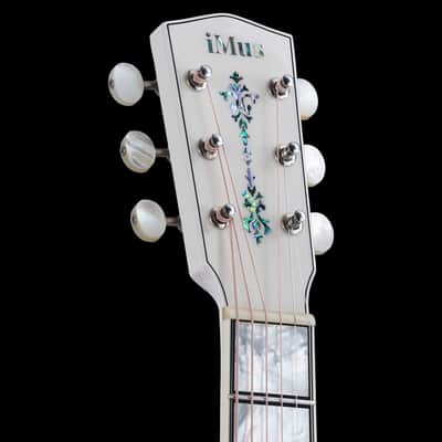 iMus i00-Size Handcrafted Acoustic Guitar - Adirondack Spruce Top with Flamed Maple Back and Sides - 90-Day Build,Ebony Fretboard Abalone Inlay - Stage and Studio Pro - Gloss White -Chinese Mother-of-Pearl Inlay Art image 7