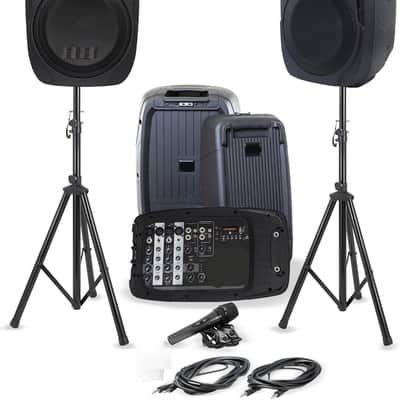 PA System with Stands Bluetooth Speaker System with 6-Channel Mixer, Dual 10" Speakers, Mic & Cables - Complete All-in-One Kit for Small Events, DJs & Karaoke image 1